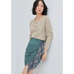 Veronica Beard Spencer Skirt 12 Green Silk Floral Ruched Asymmetric Mini Ruffle
